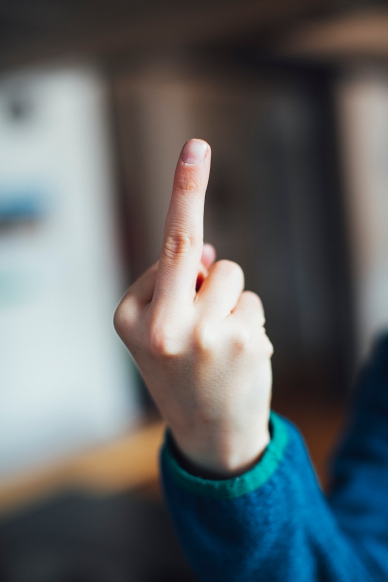 person in blue long sleeve shirt showing right middle finger